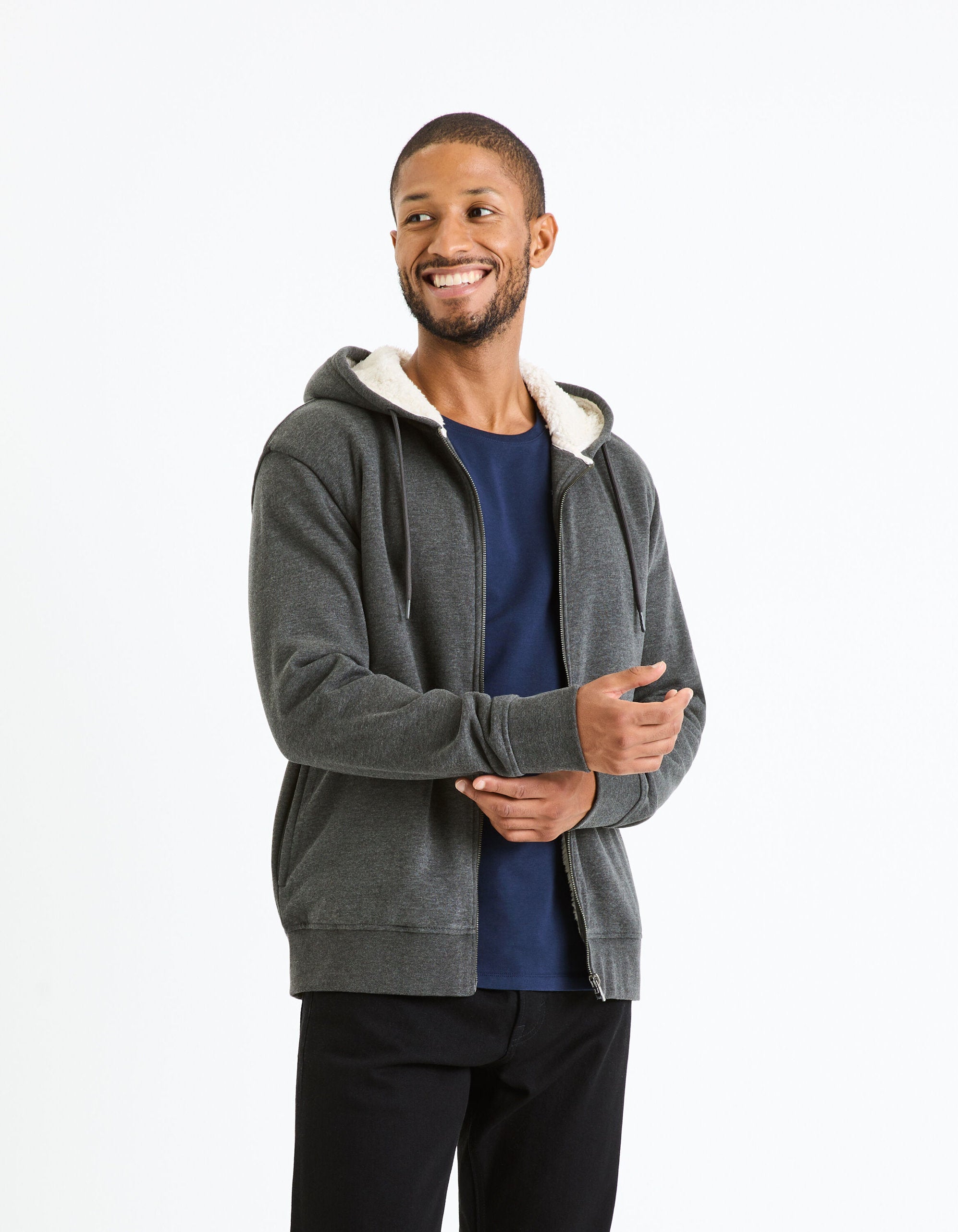 Cotton Blend Zipped Hooded Sweatshirt_FESHERPAX_ANTHRACITE CHINE_03