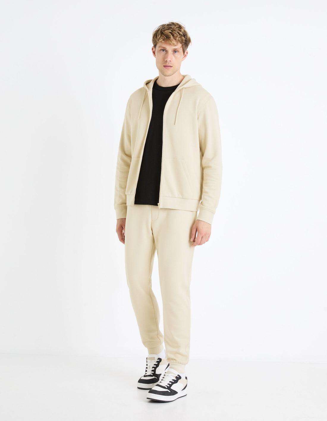Zipped Hooded Sweatshirt 100% Cotton_FETHREE_BEIGE_02
