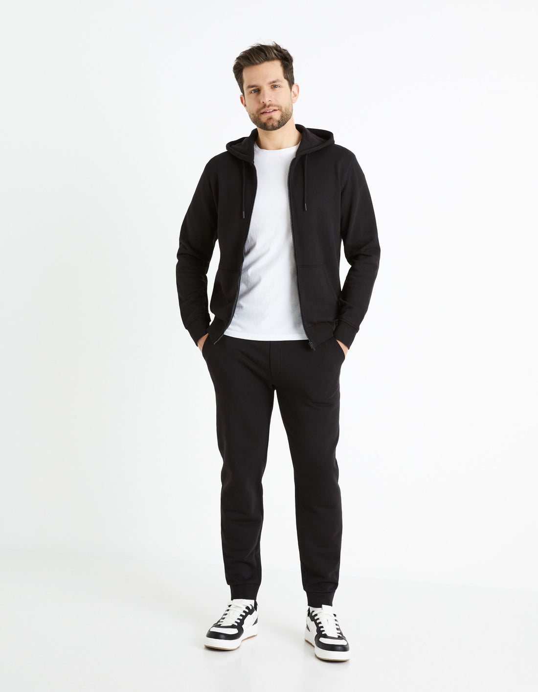 Zipped Hooded Sweatshirt 100% Cotton_FETHREE_BLACK_02