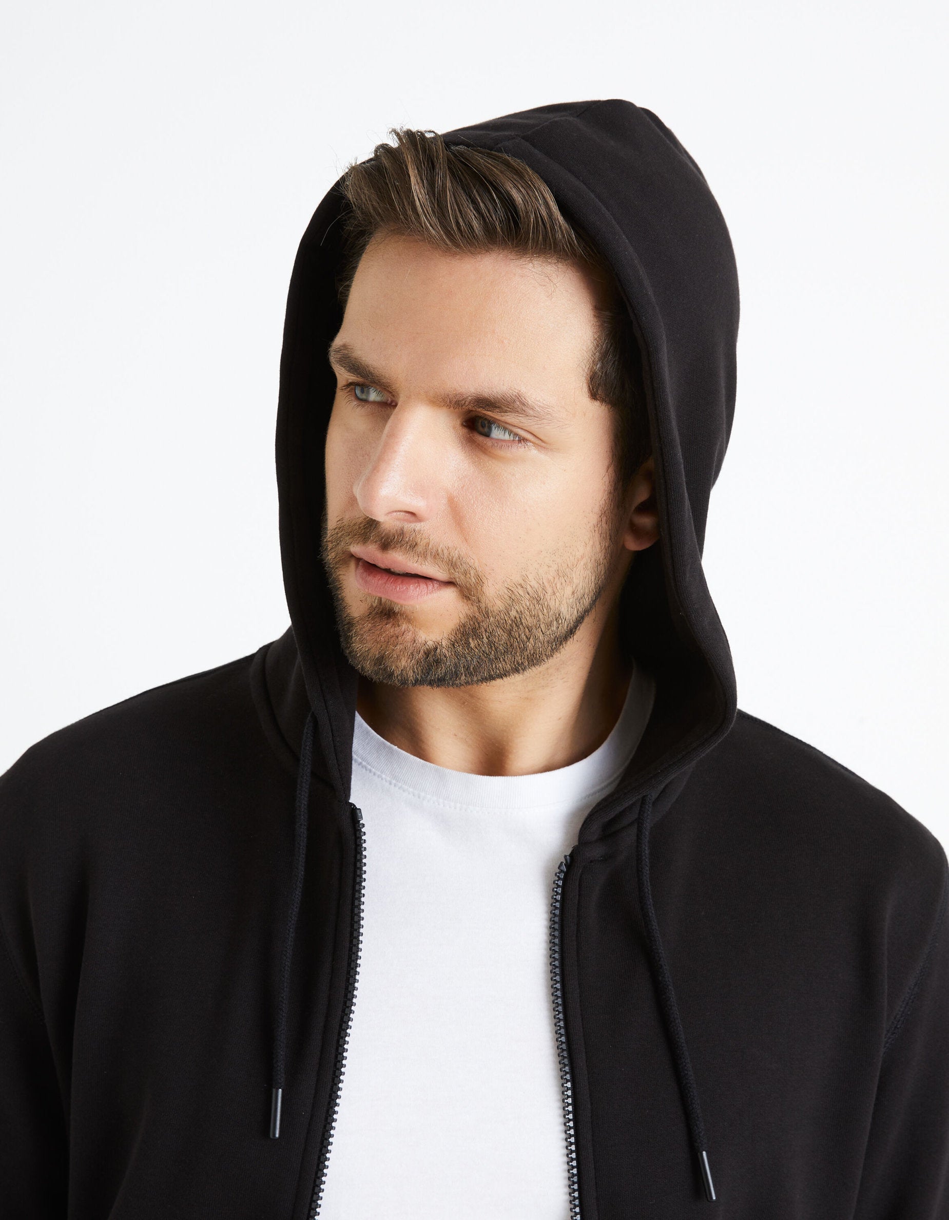 Zipped Hooded Sweatshirt 100% Cotton_FETHREE_BLACK_05