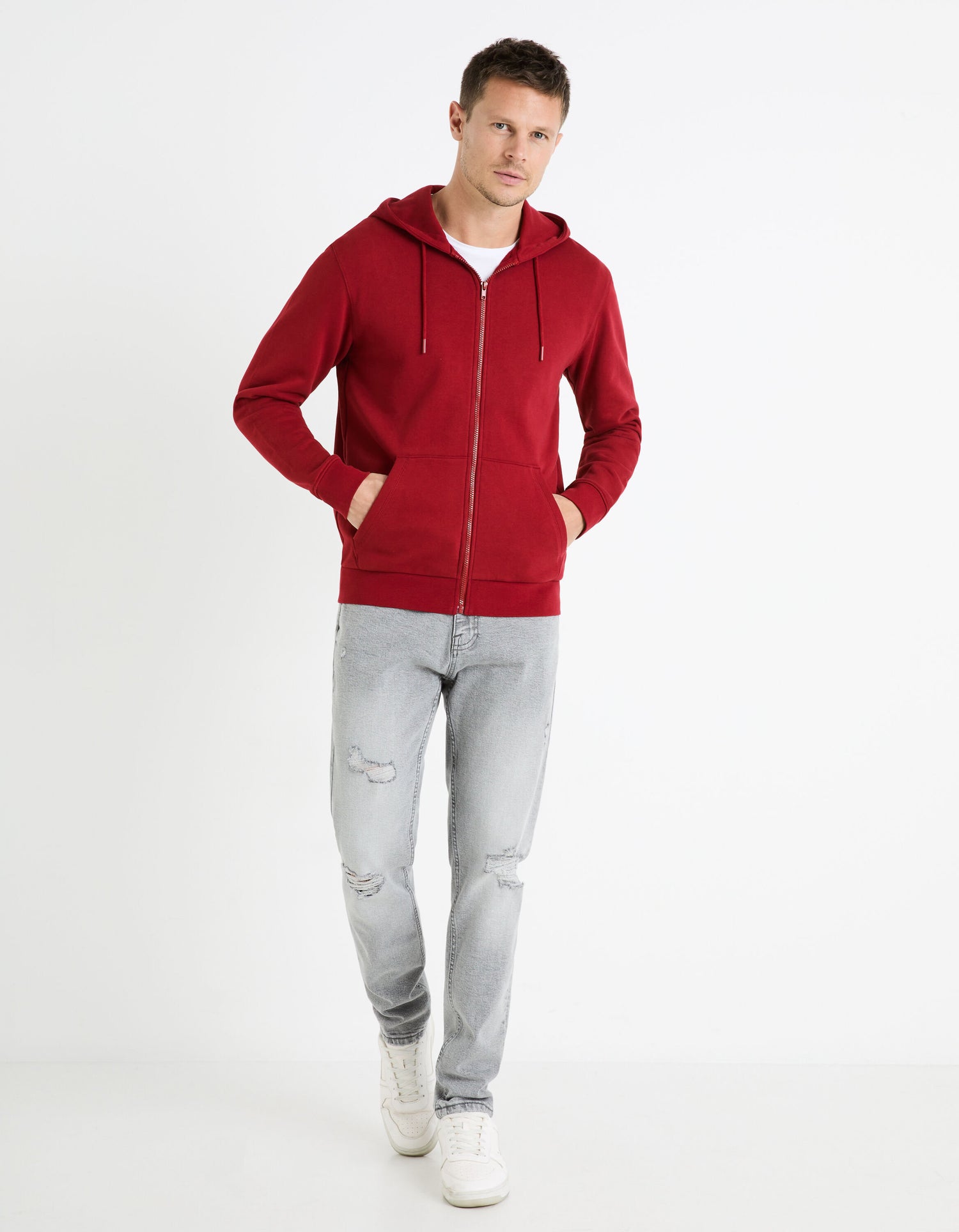 Zipped Hooded Sweatshirt 100% Cotton_FETHREE_BURGUNDY_02