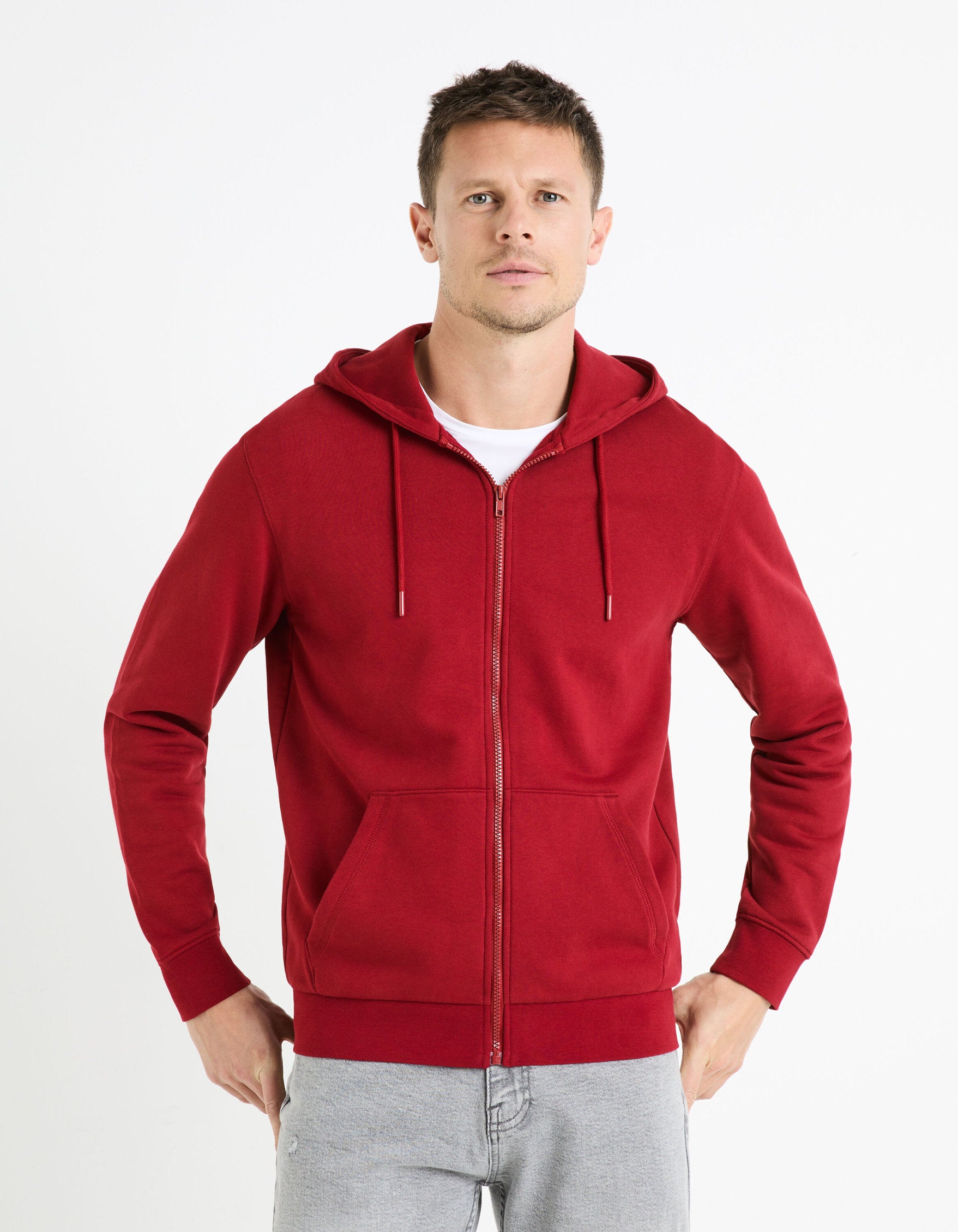 Zipped Hooded Sweatshirt 100% Cotton_FETHREE_BURGUNDY_03