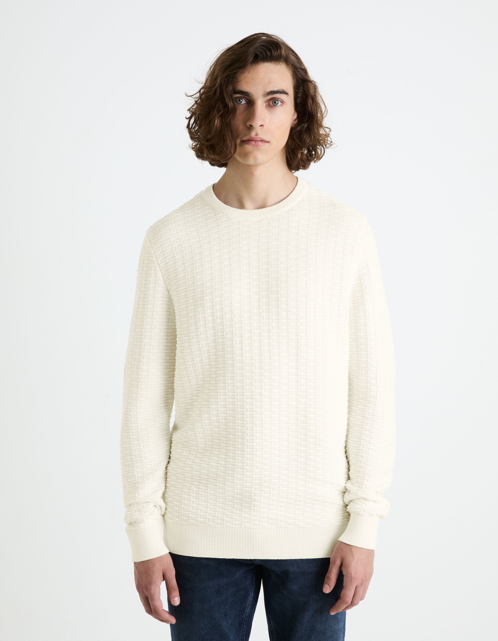 Round Neck Sweater 100% Cotton_FEWALL_ECRU_01