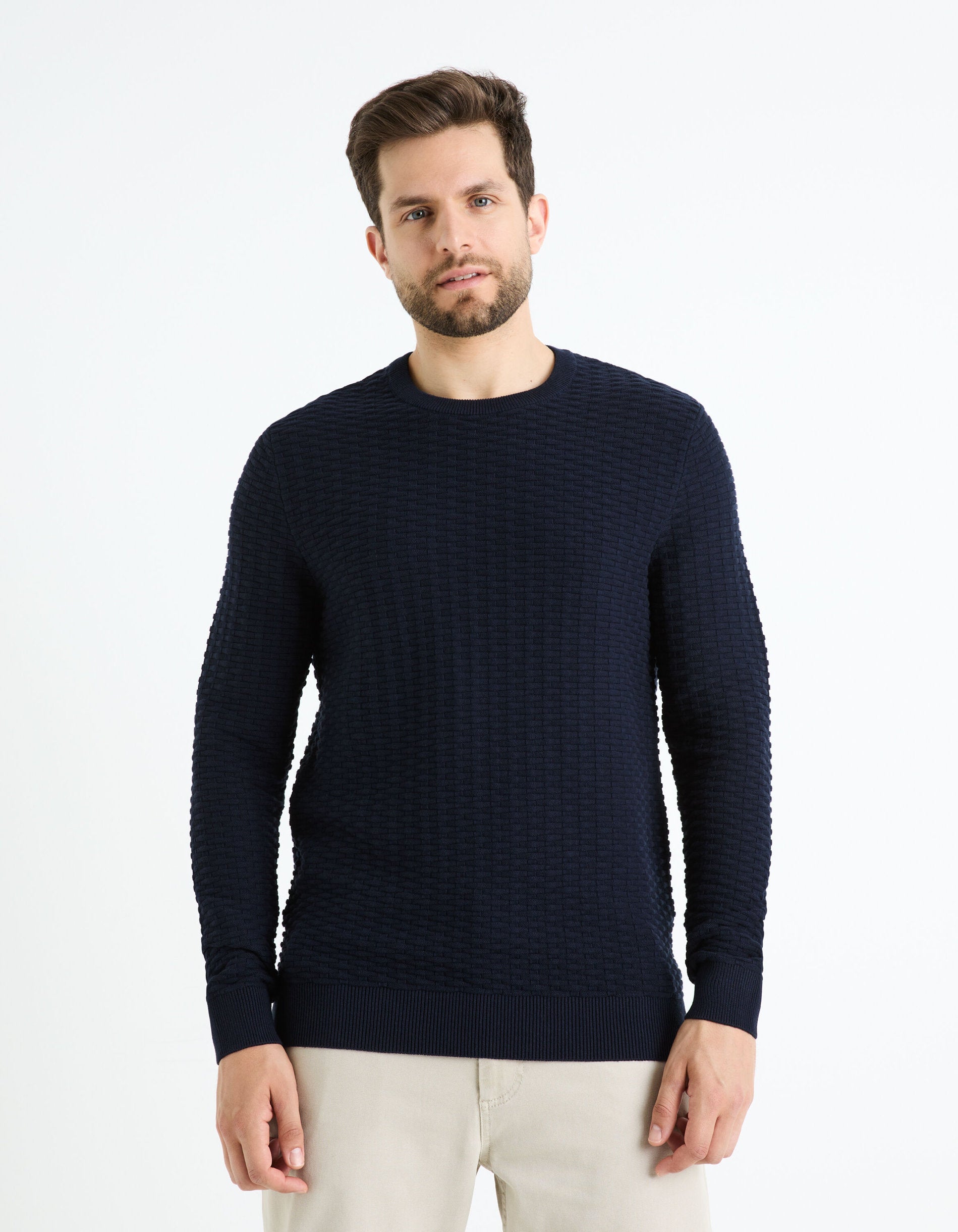 Round Neck Sweater 100% Cotton_FEWALL_ENCRE FONCE_01