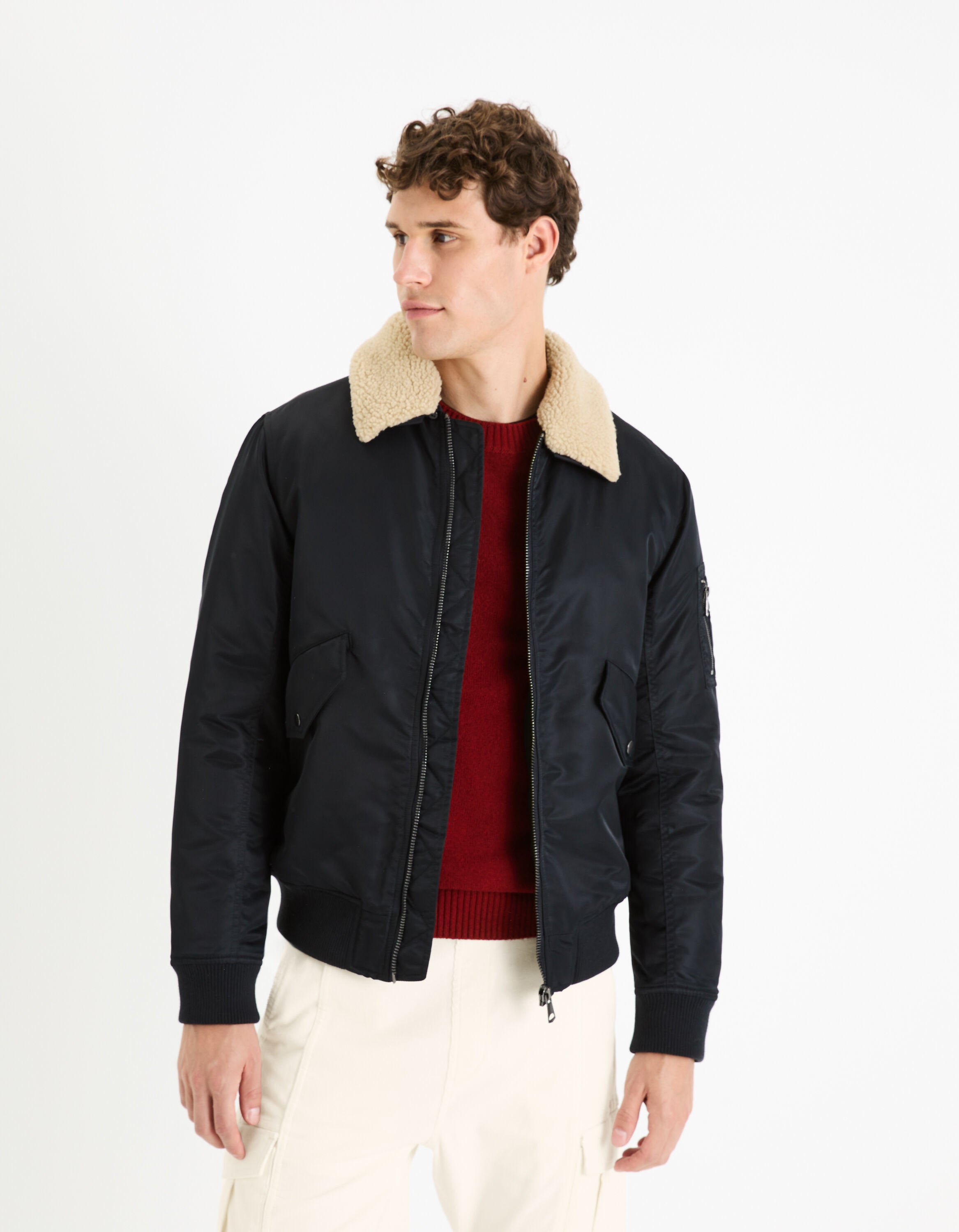 Bomber Down Jacket Lined With Sherpa_FUJAMESCOL_NAVY_03