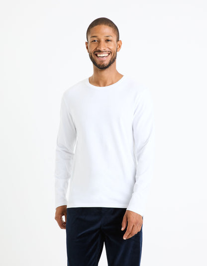 Long Sleeved Round Neck Slim Stretch Cotton T-Shirt_GEUNIML_OPTICAL WHITE_03