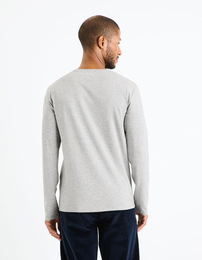 Long Sleeved V Neck Slim Stretch Cotton T-Shirt_GEUNIVML_GRIS CHINE_04