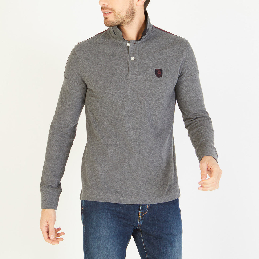 Gray Long-Sleeved Polo Shirt With Tricolor Stripes Eden Park