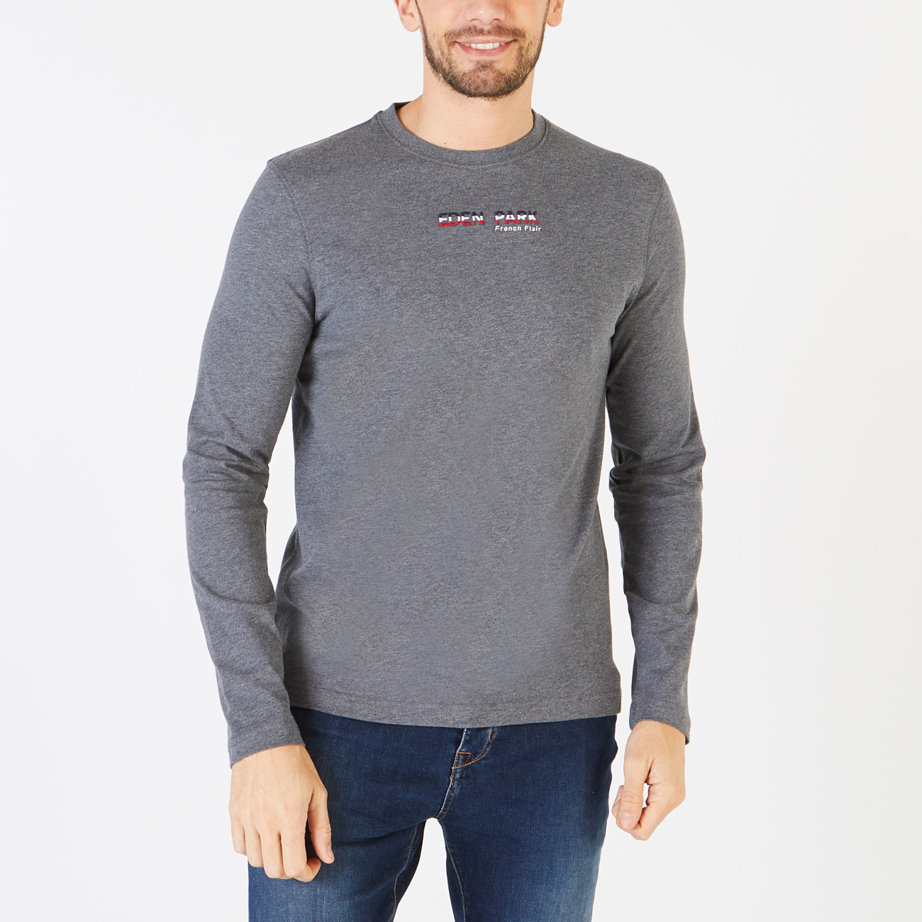 Gray Long-Sleeved T-Shirt With Embroidered French Flair Motif Eden Park