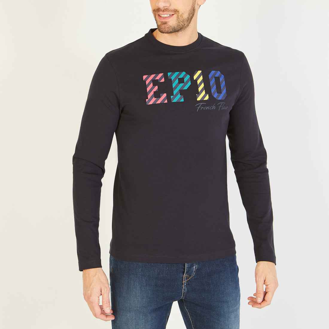 Long-Sleeved Navy Blue T-Shirt With French Flair Screen Print Eden Park