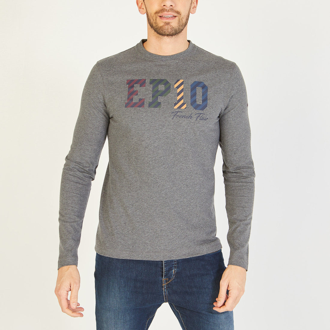 Long-Sleeved Grey T-Shirt With French Flair Screen Print Eden Park