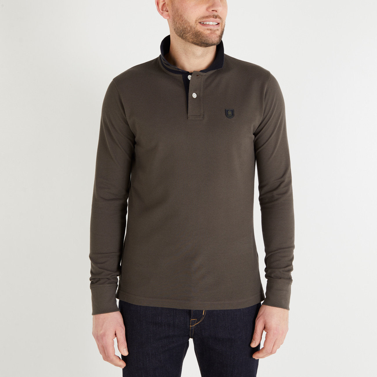 Dark Khaki Long-Sleeved Polo Shirt_H23MAIPL0001_KAF3_01