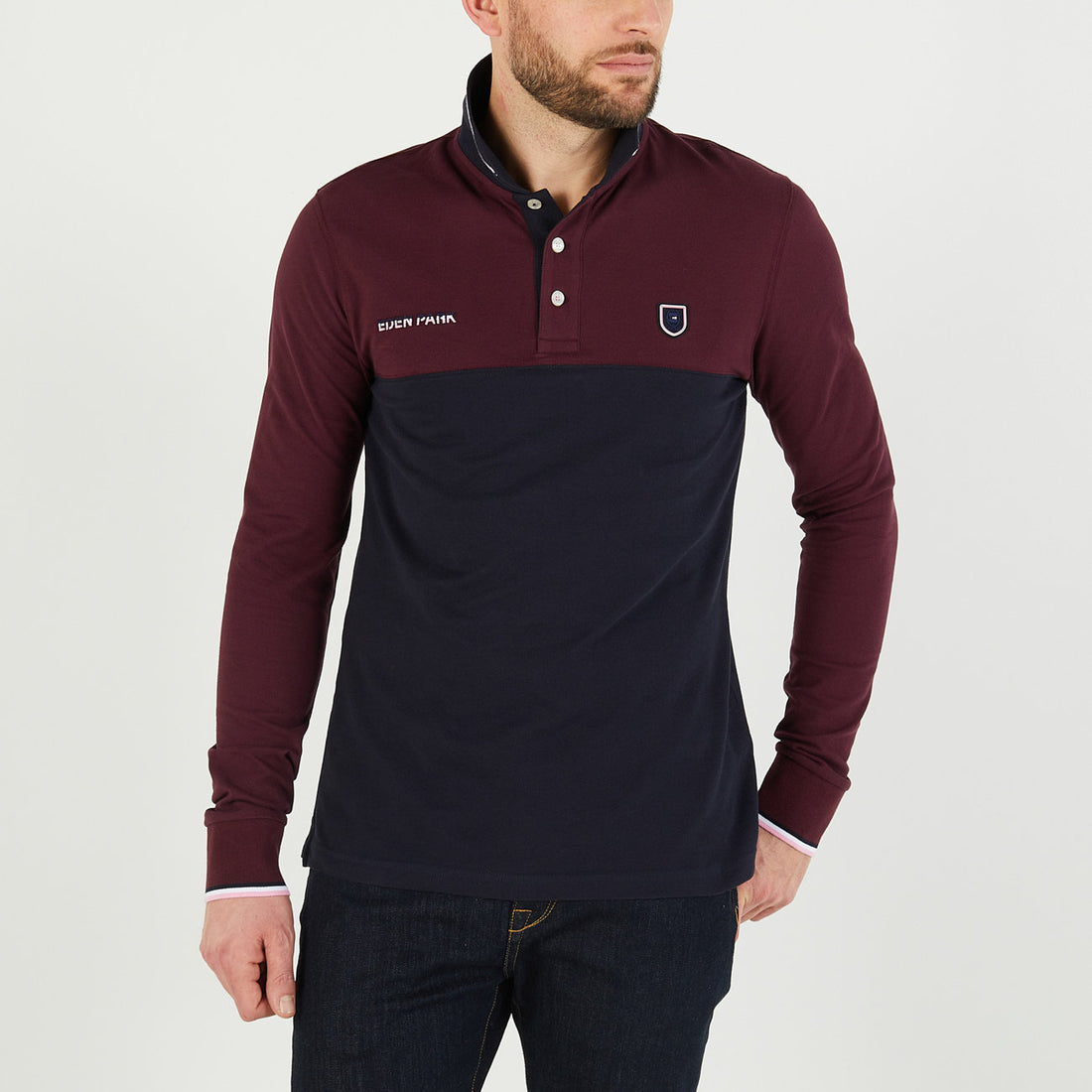 Burgundy Colourblock Polo Shirt With Eden Park Embroidery_H23MAIPL0003_BXF_01