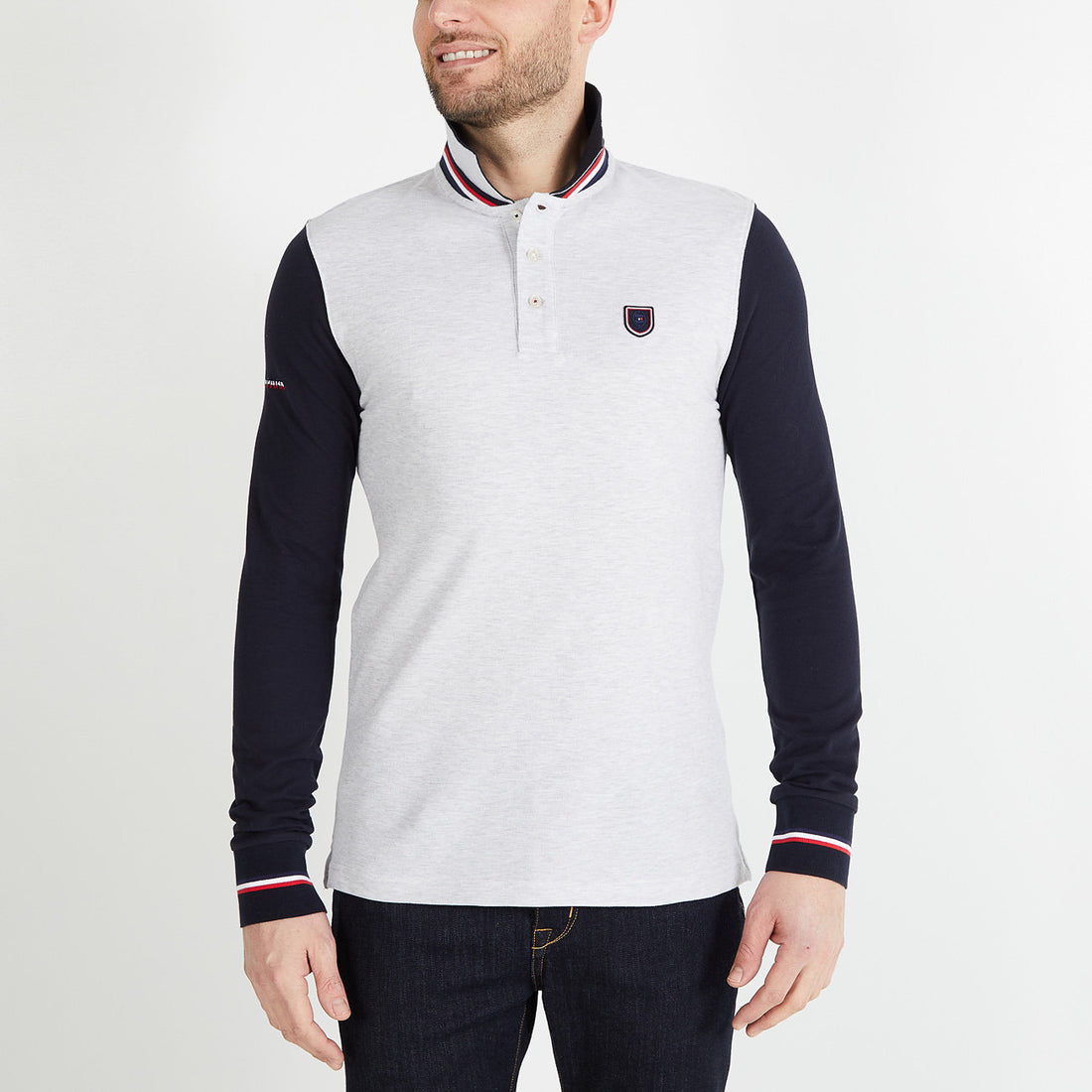 Grey Long-Sleeved Colourblock Polo Shirt_H23MAIPL0004_GRC10_01