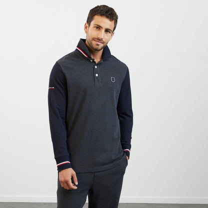 Dark Grey Long-Sleeved Colourblock Polo Shirt_H23MAIPL0004_GRF7_03