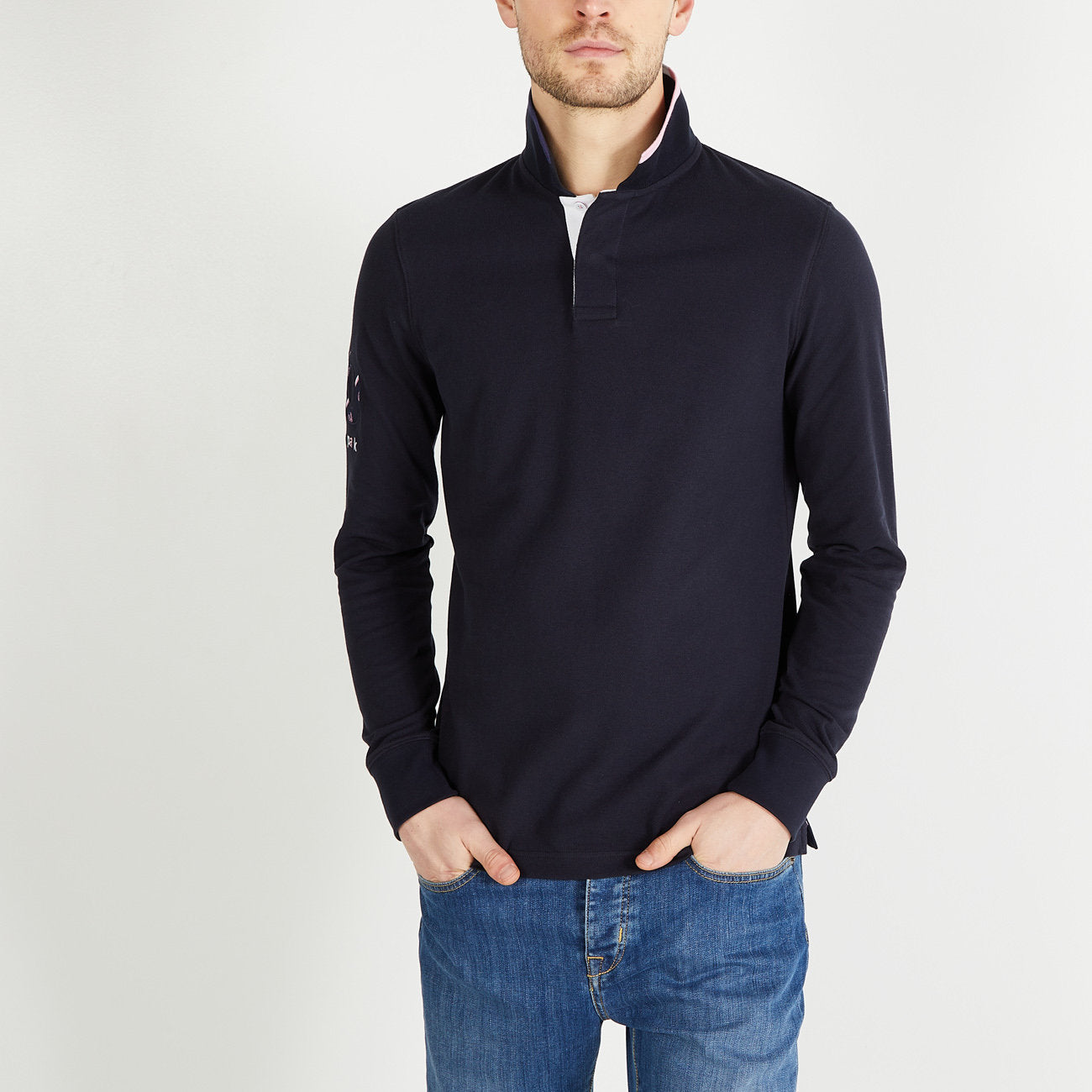 Navy Blue Long-Sleeved Polo Shirt With No10 Embroidery_H23MAIPL0031_BLF_01