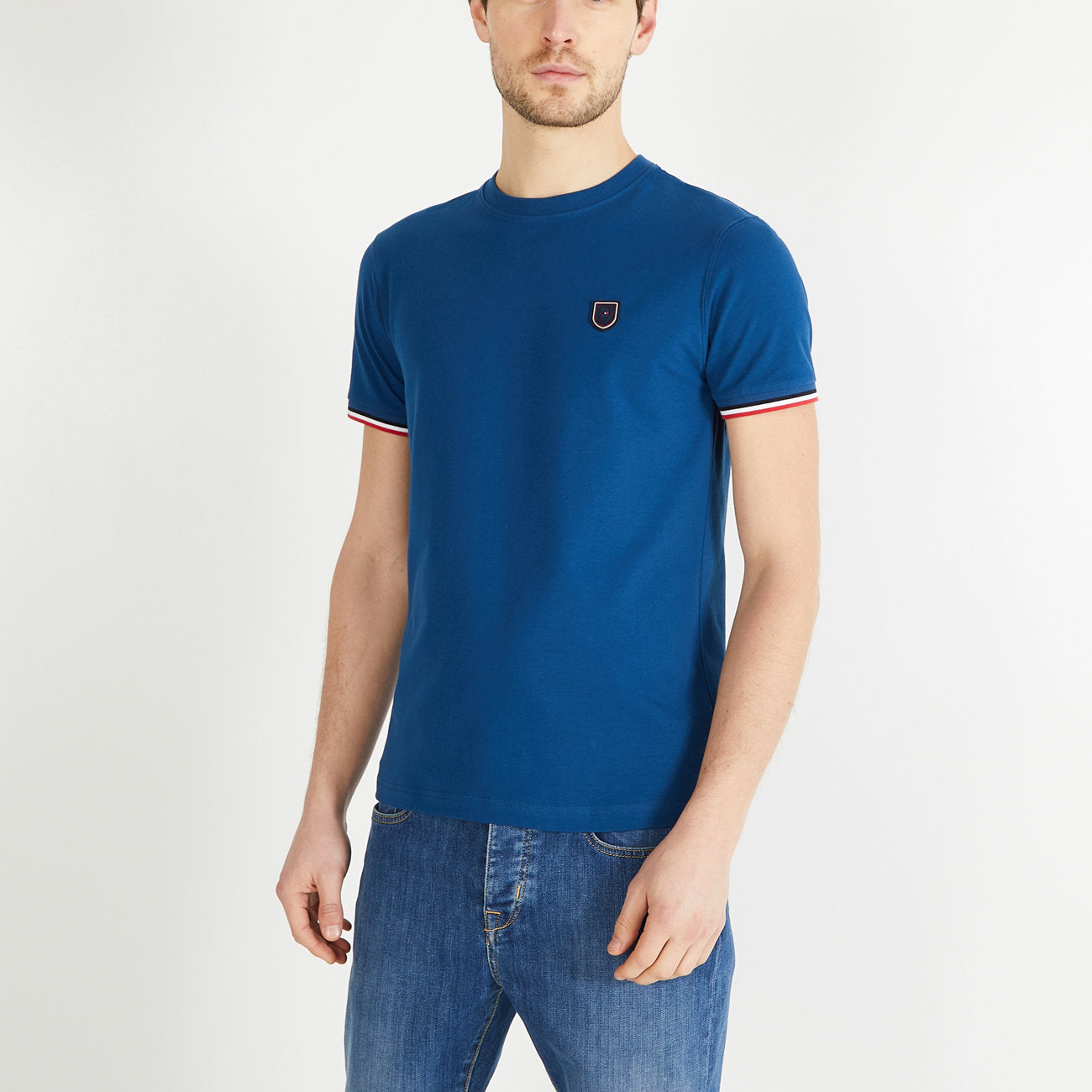 Blue Slim Fit T Shirt With Tricolour Trim_H23MAITC0001_BLF26_01