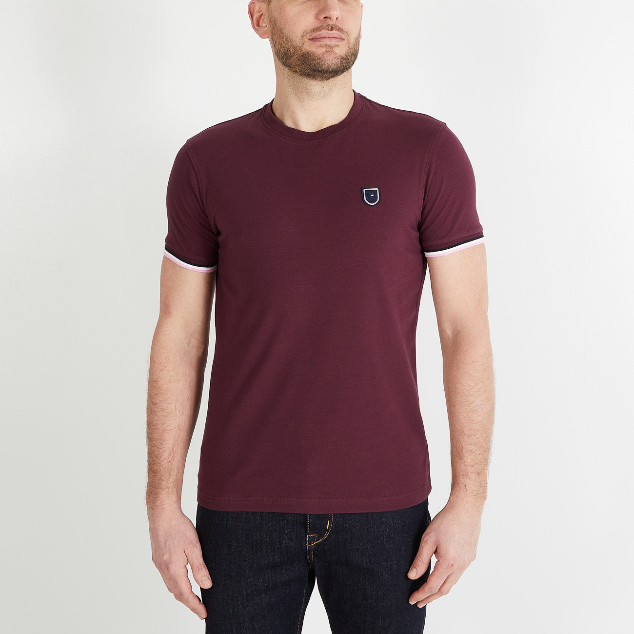 Burgundy Slim Fit T Shirt With Tricolour Trim_H23MAITC0001_BXF_01
