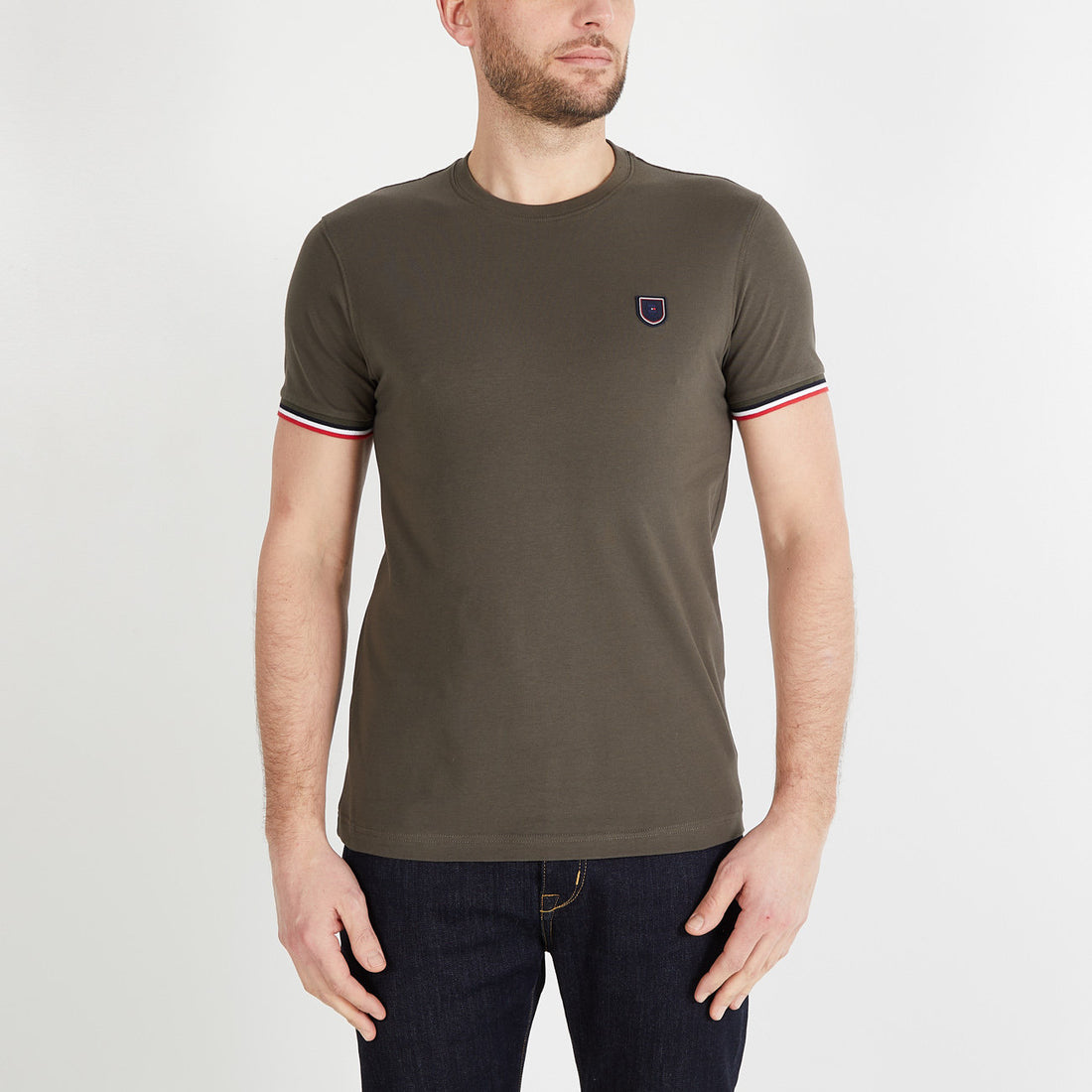 Khaki Slim Fit T Shirt With Tricolour Trim_H23MAITC0001_KAF3_01