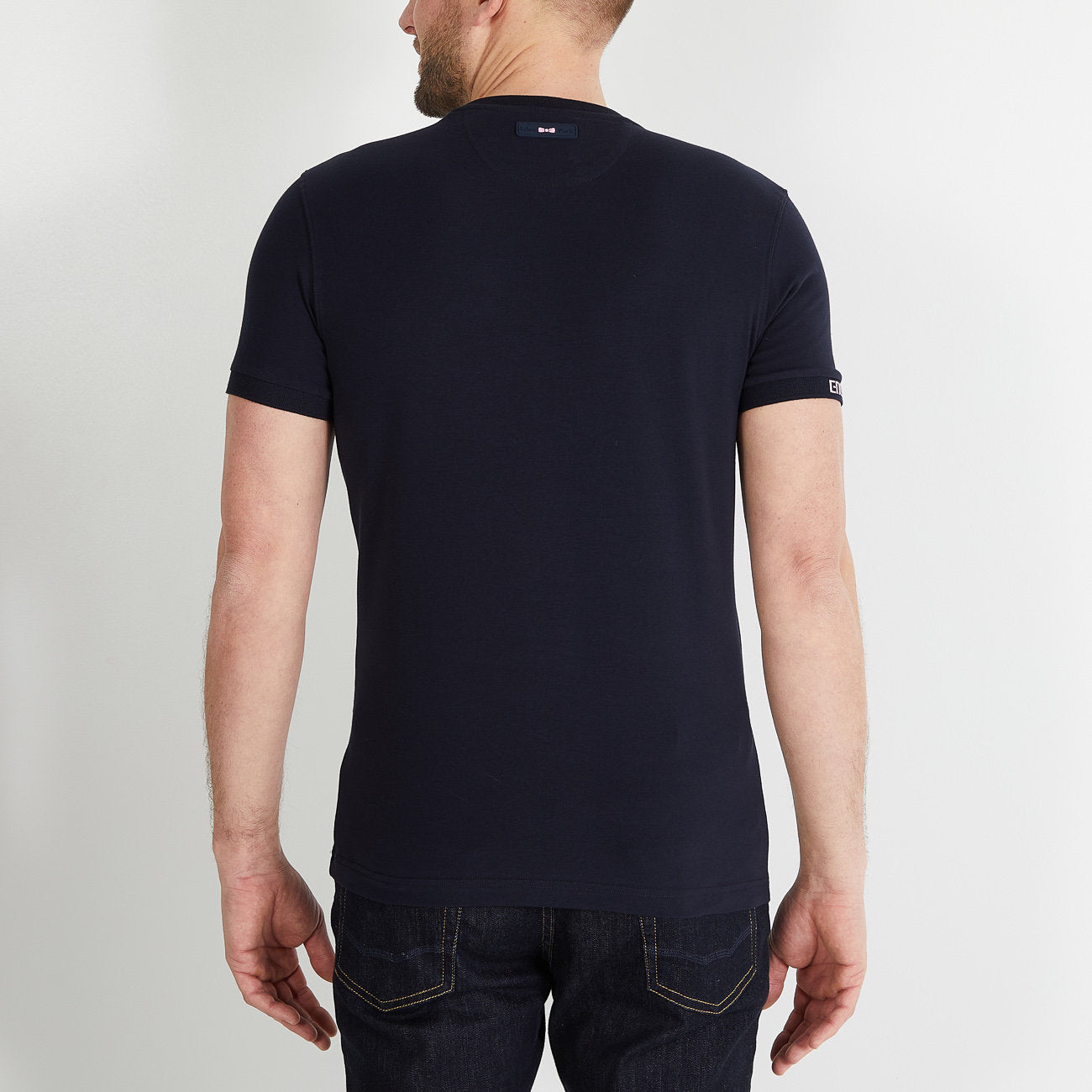 Navy Blue Short-Sleeved T-Shirt With Jacquard Inscription_H23MAITC0005_BLF_02