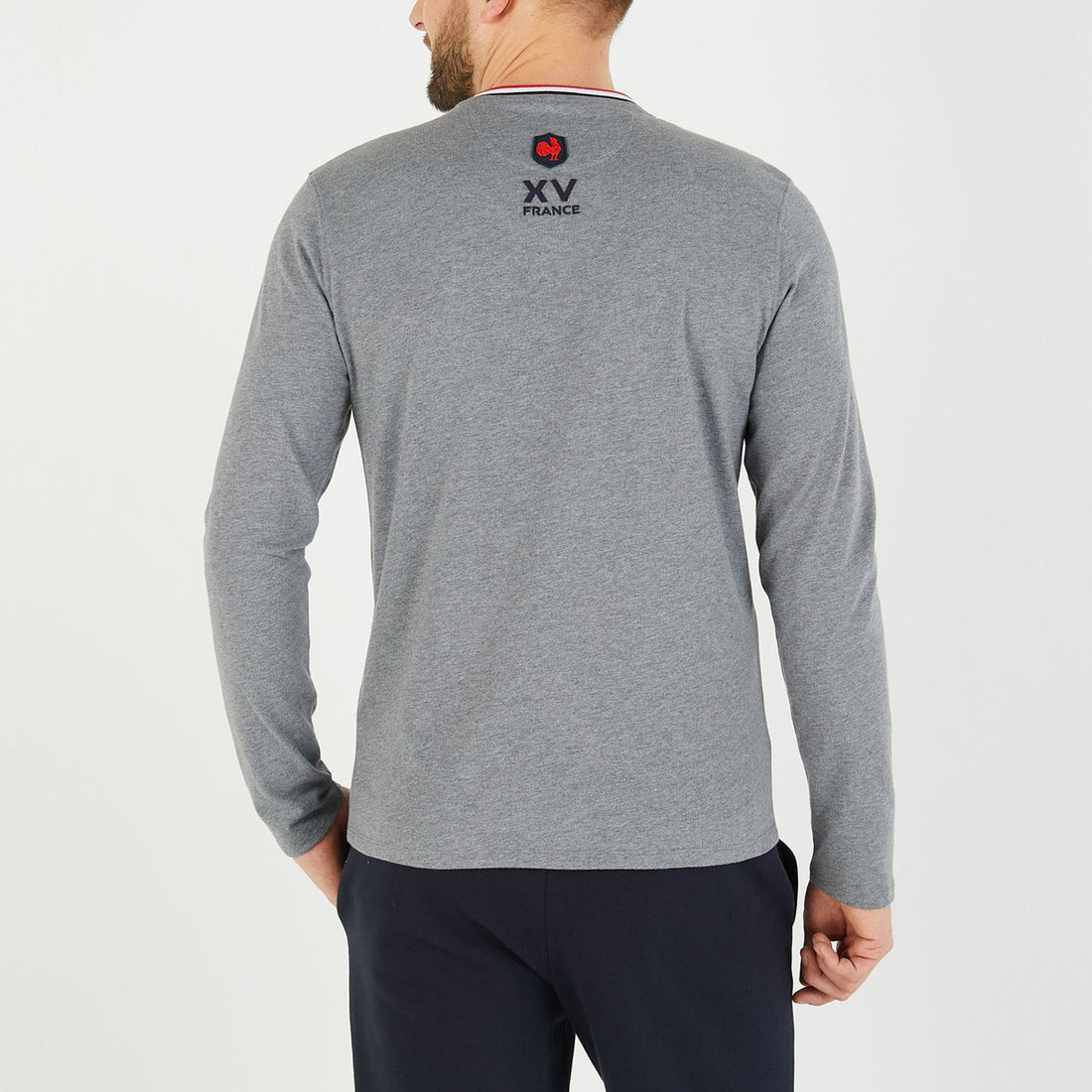 Grey Long-Sleeved Polo With Xv De France Detail_H23MAITL0012_GRM_02