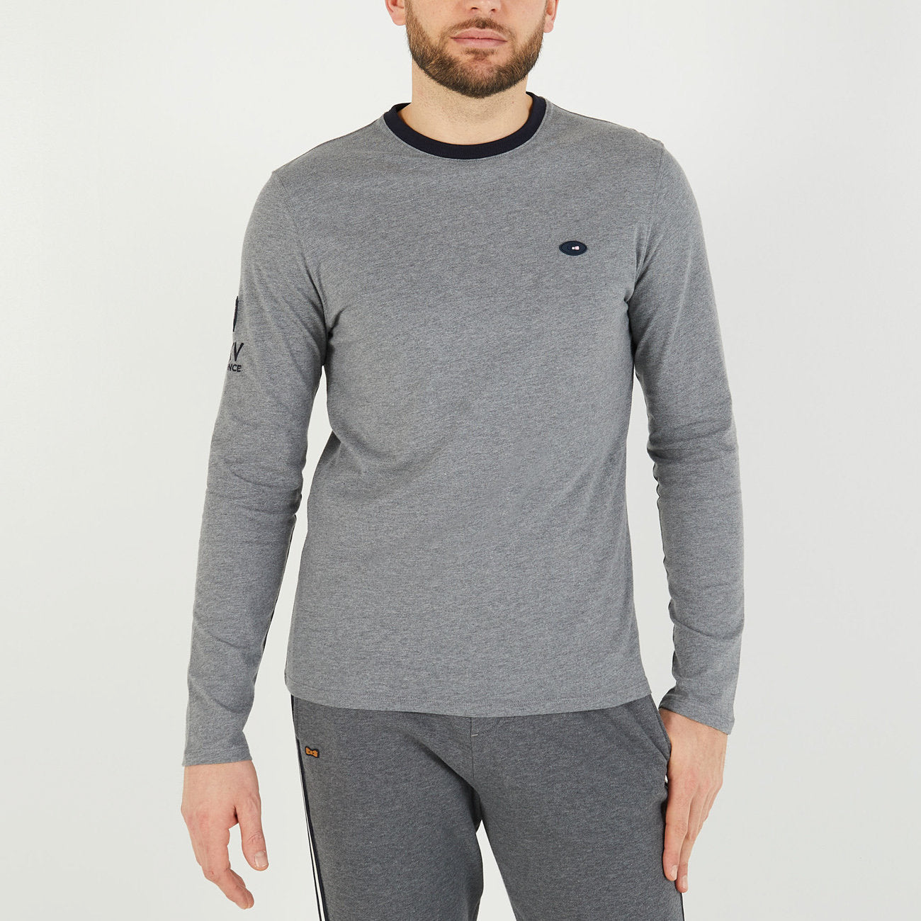 Grey Long-Sleeved Polo With Xv De France Embroidered Detail_H23MAITL0013_GRM_01