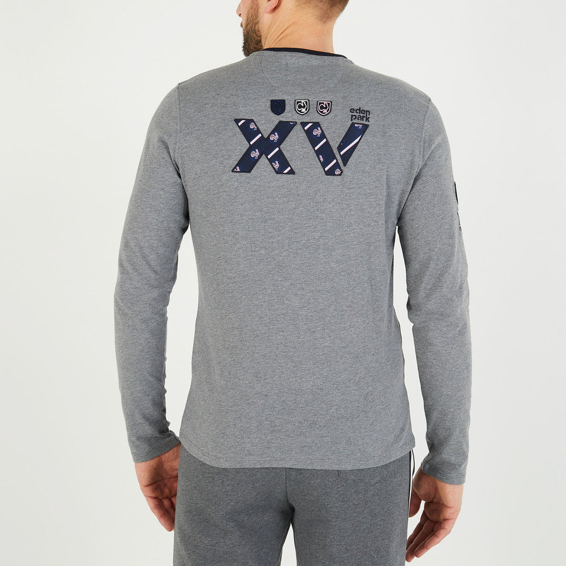 Grey Long-Sleeved Polo With Xv De France Embroidered Detail_H23MAITL0013_GRM_02