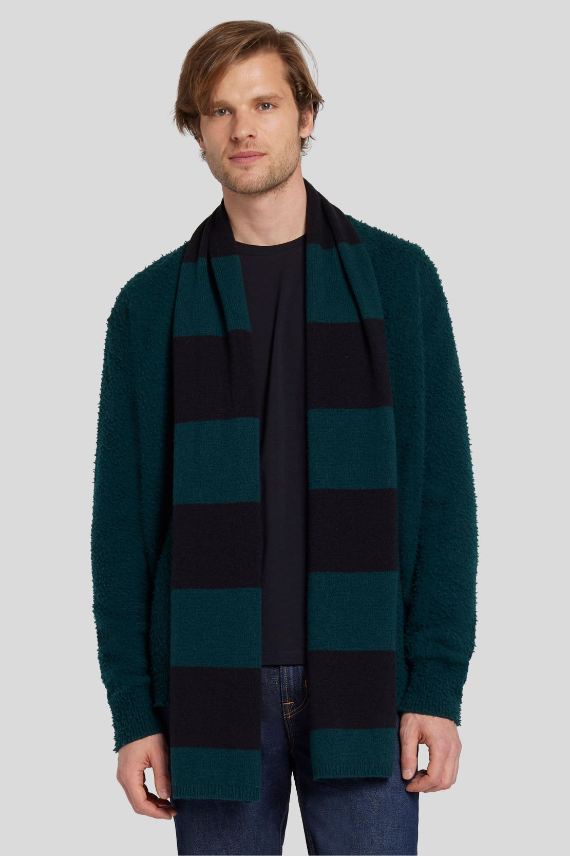 Striped Scarf Wool Cashmere Black &amp; Hunter Green_JS7M955SBH_BH_01