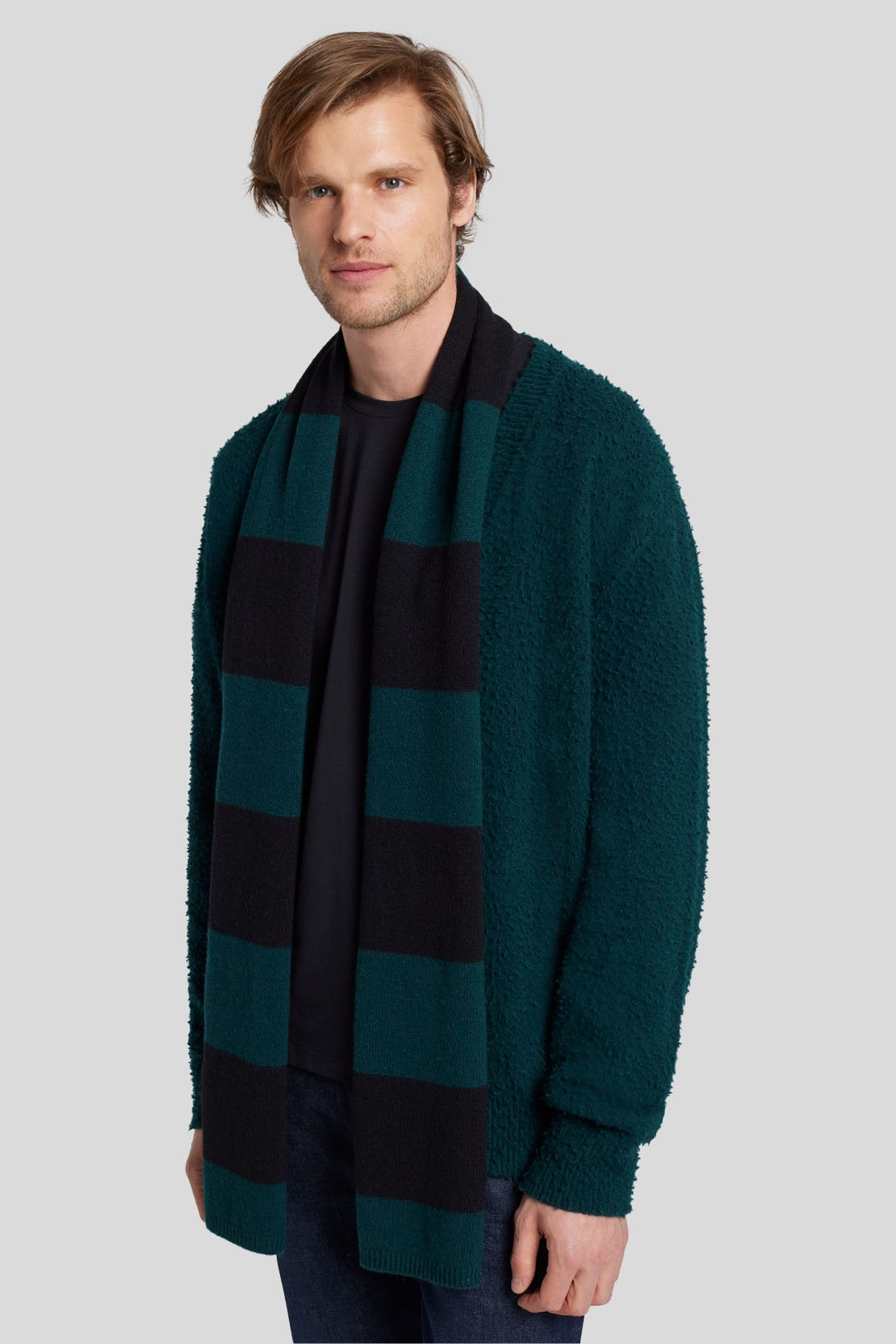 Striped Scarf Wool Cashmere Black &amp; Hunter Green_JS7M955SBH_BH_03