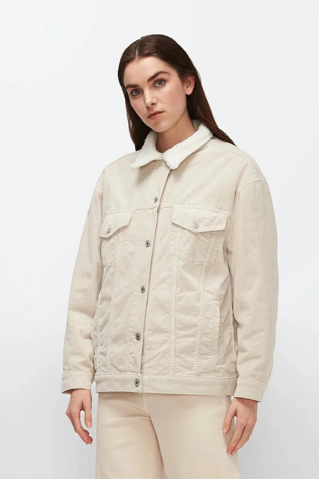 Easy Jacket Corduroy With Fake Fur Winter White - BEVAVA