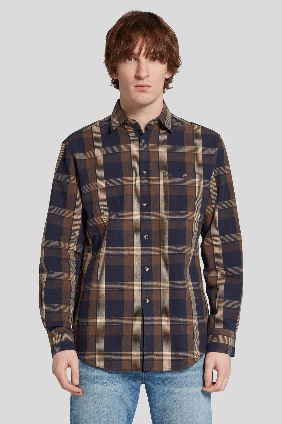 One Pocket Shirt Cotton Linen Check Brown_JSFM4340BR_BR_01