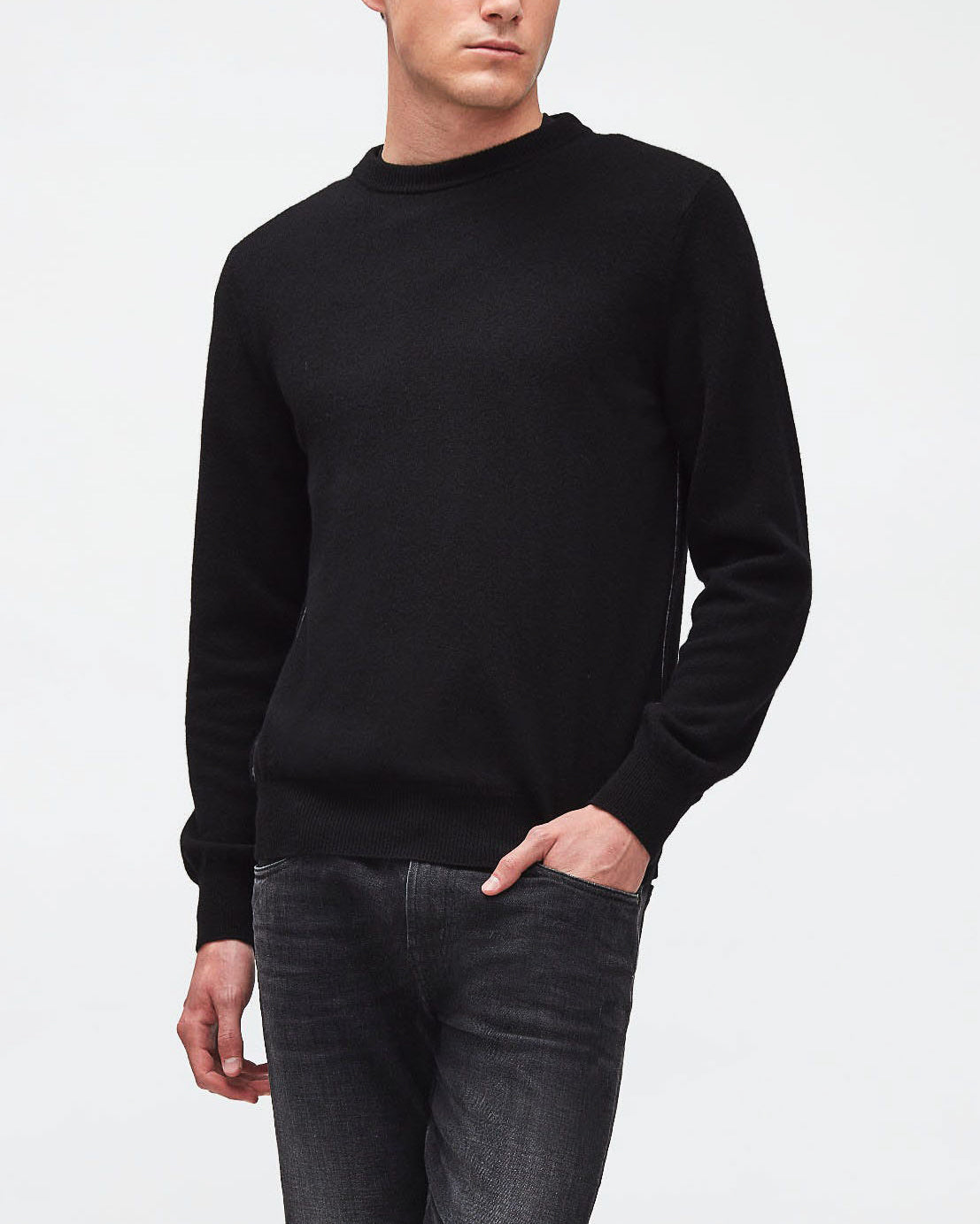 Black Crew Neck Knit Cashmere W/ Stitch Detail Black 7 For All Mankind
