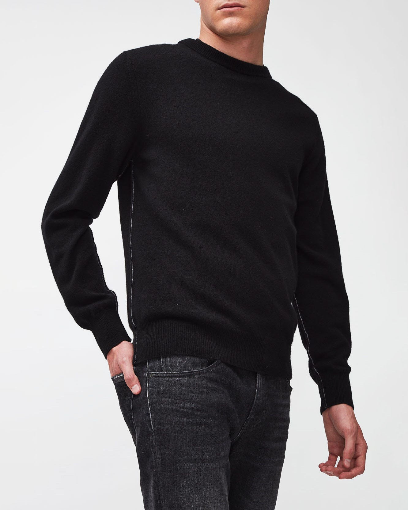 Black Crew Neck Knit Cashmere W/ Stitch Detail Black 7 For All Mankind