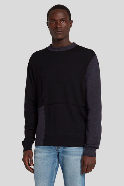 Patchwork Crew Neck Merino Garment Dye Naval Blue_JSHM216PNB_NB_01