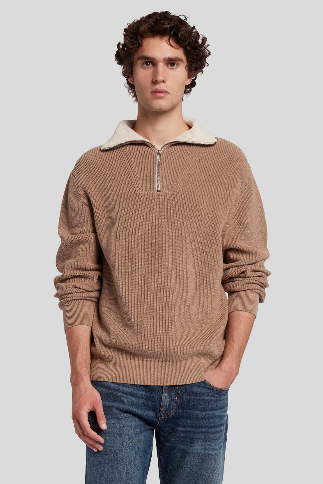 Half Zip Mock Neck Cotton Sand_JSHM2400SA_SA_01