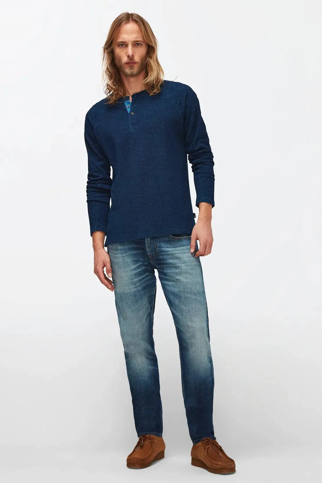 Henley Tee Cotton Textured Indigo - BEVAVA