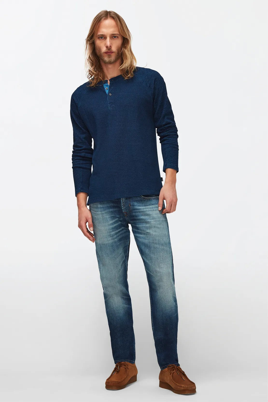 Henley Tee Cotton Textured Indigo