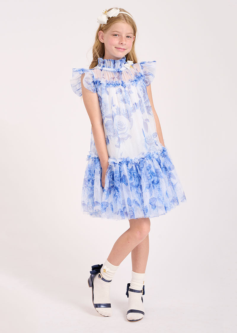 Marigold Blue Flower Dress Snowdrop - BEVAVA