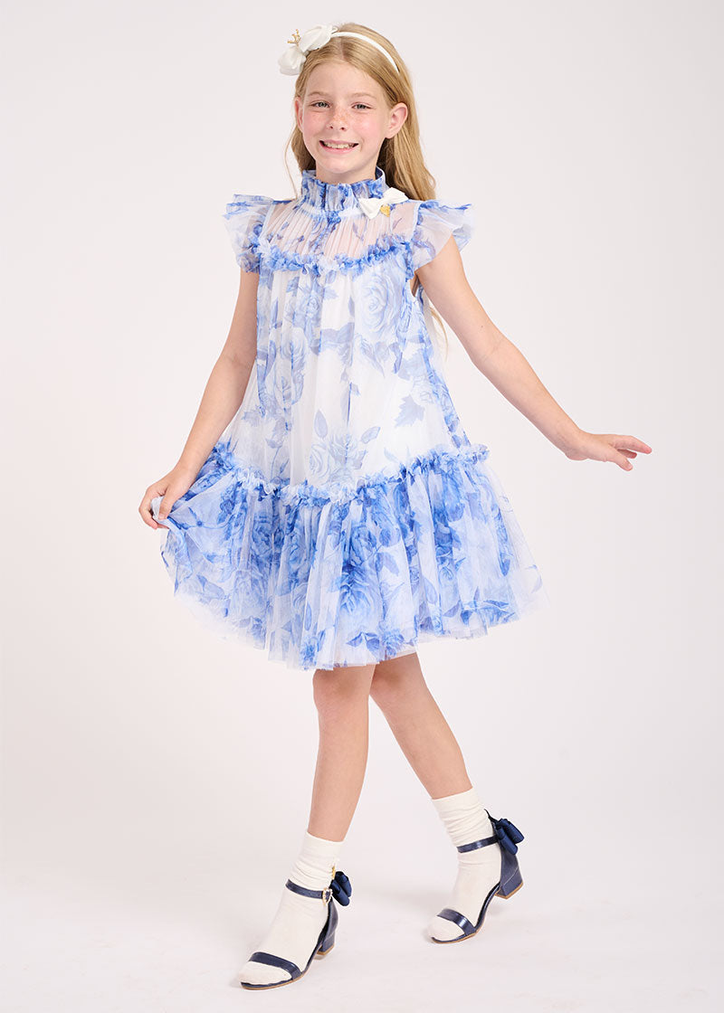 Marigold Blue Flower Dress Snowdrop - BEVAVA