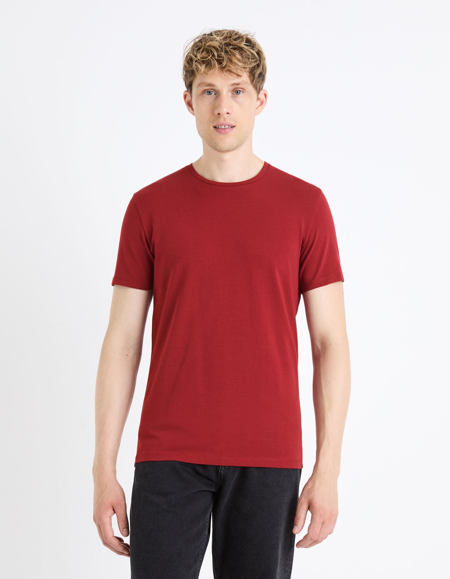 Round-Neck Stretch Cotton T-Shirt_NEUNIR_BURGUNDY_01