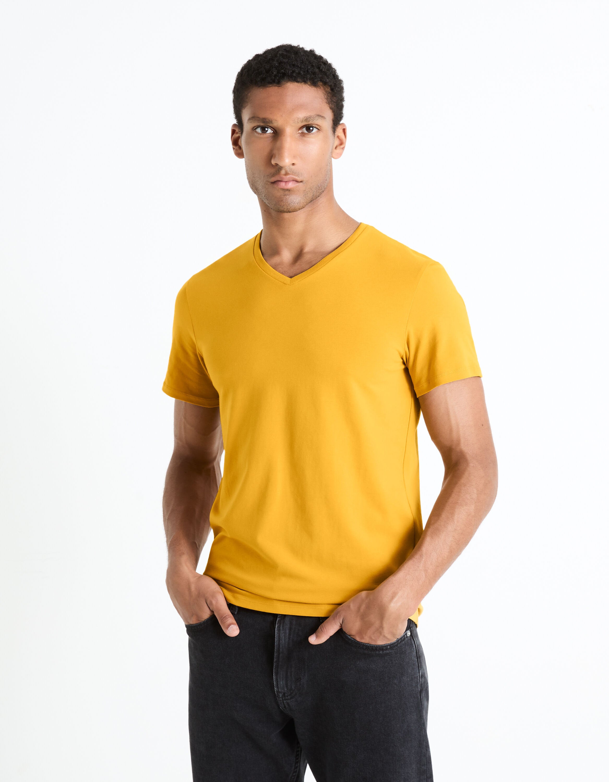 Stretch Cotton V-Neck T-Shirt_NEUNIV_YELLOW GOLDEN_01