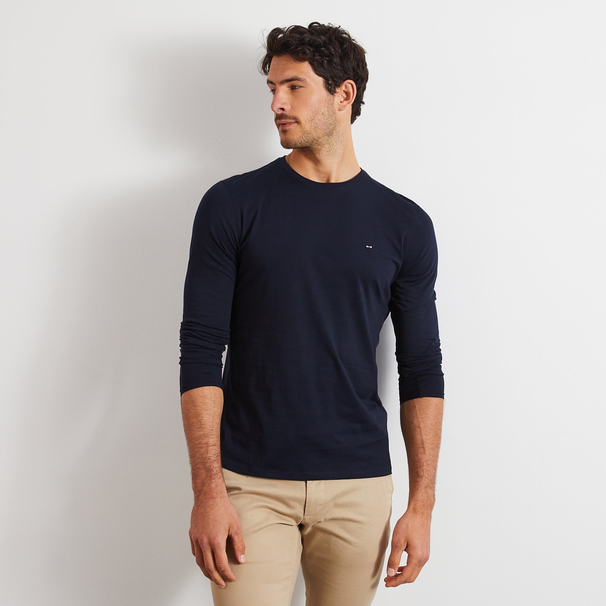 Long Sleeved Navy Blue Cotton T-Shirt_PPKNITLE0007_BLF_03