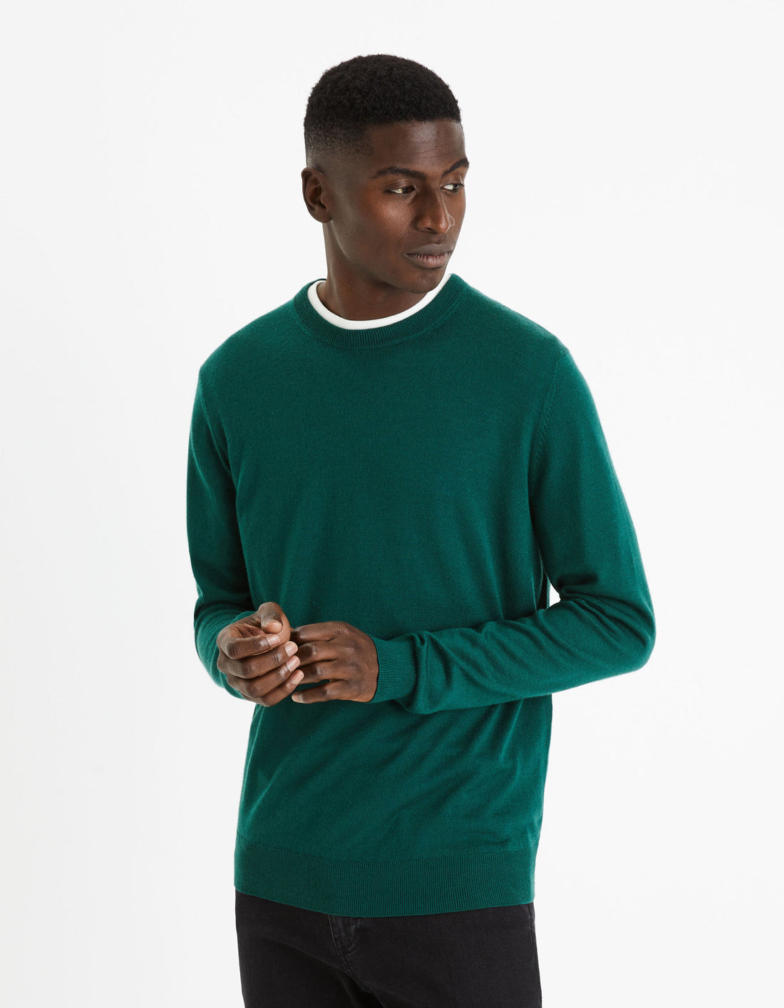 Round Neck Sweater 100% Merino Wool_SEMERIROND_DARK GREEN 01_01