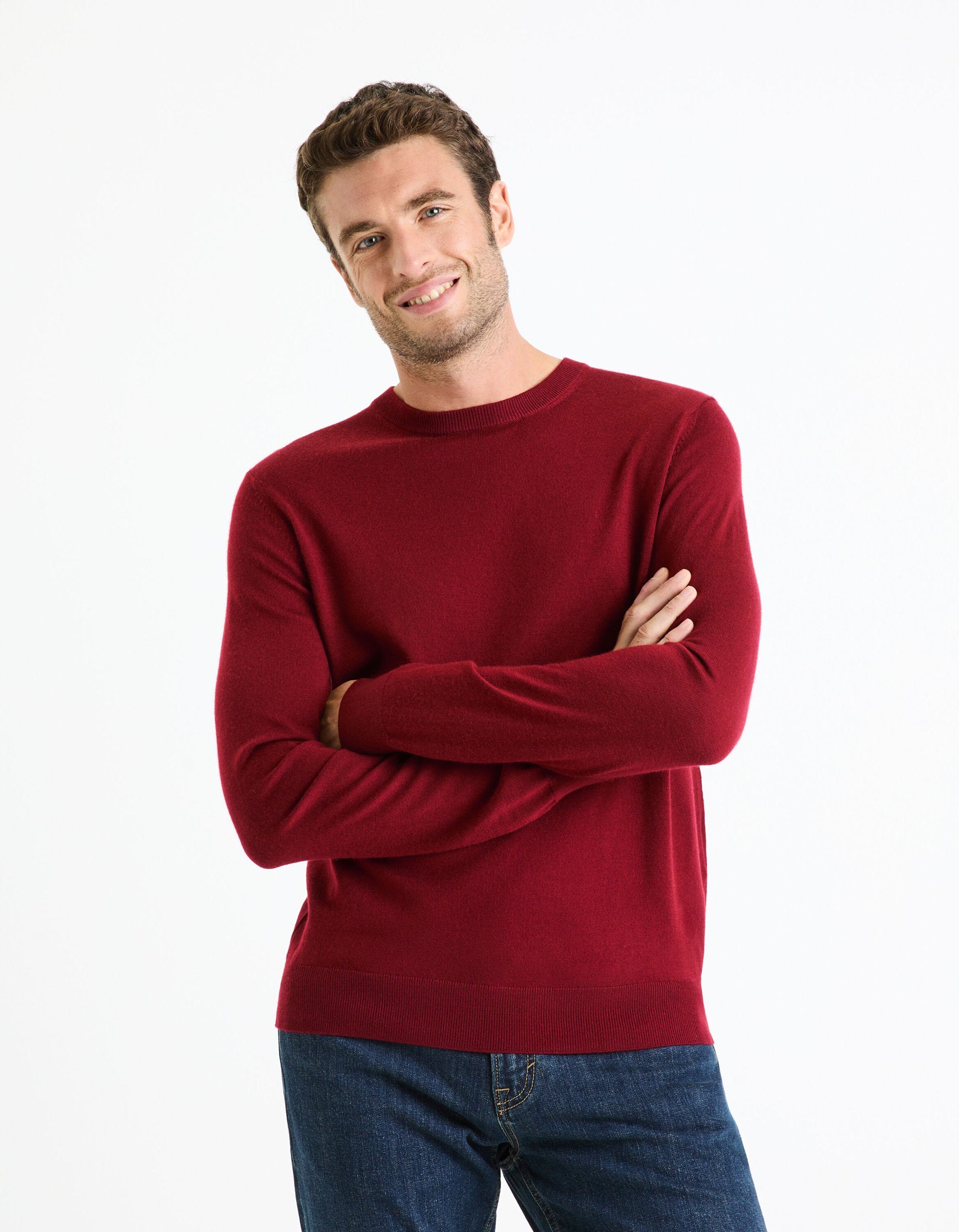 Round Neck Sweater 100% Merino Wool_SEMERIROND_DARK RED_01