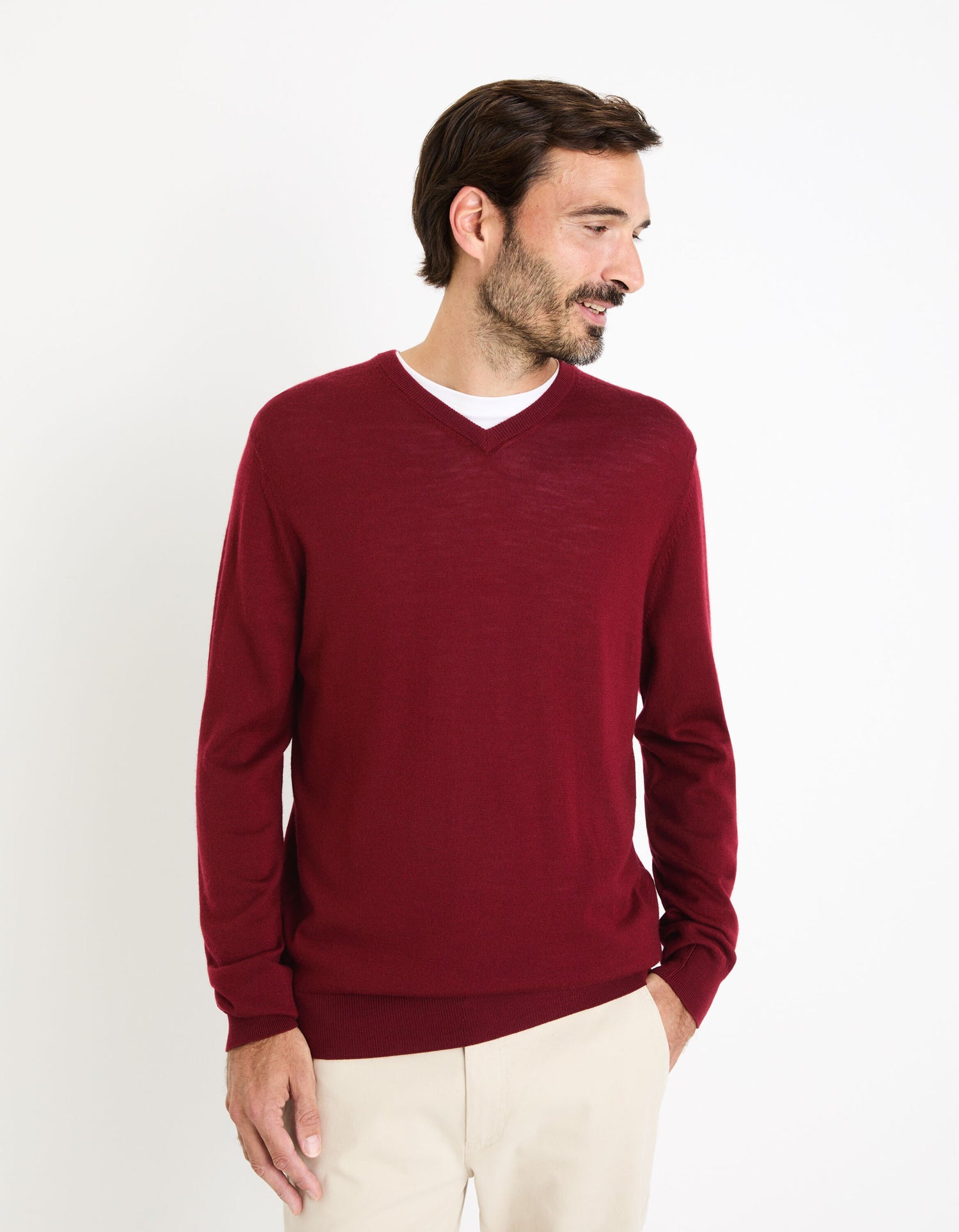 V-Neck Sweater 100% Merino Wool_SEMERIV_DARK RED_03