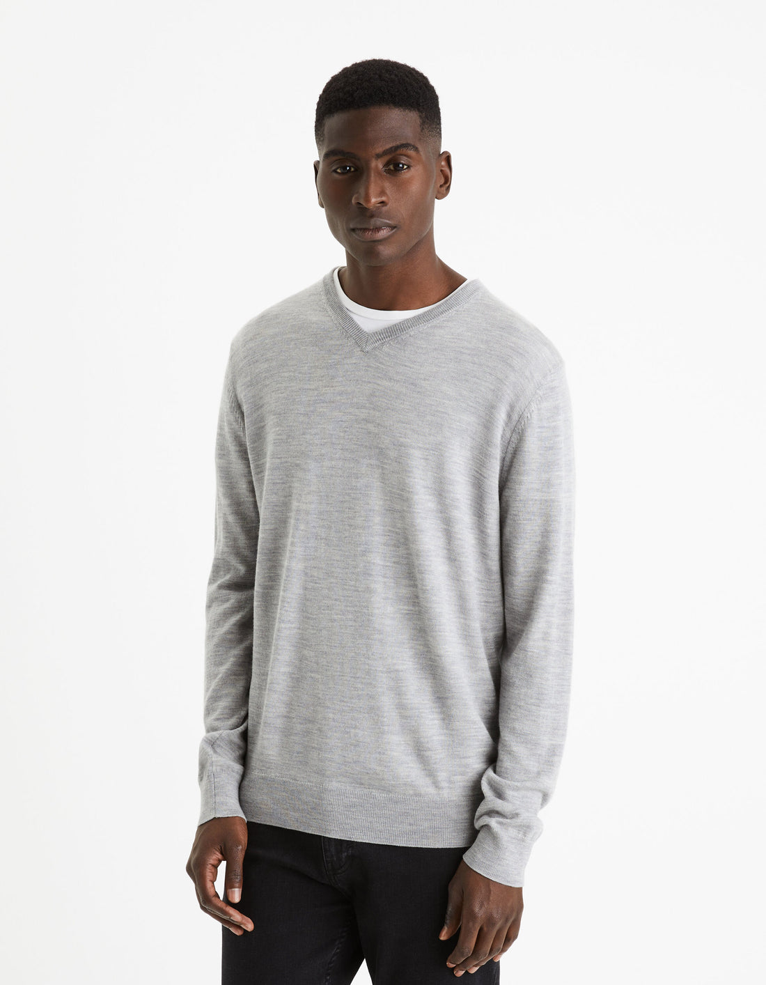 V-Neck Sweater 100% Merino Wool_SEMERIV_GREY MEL_01