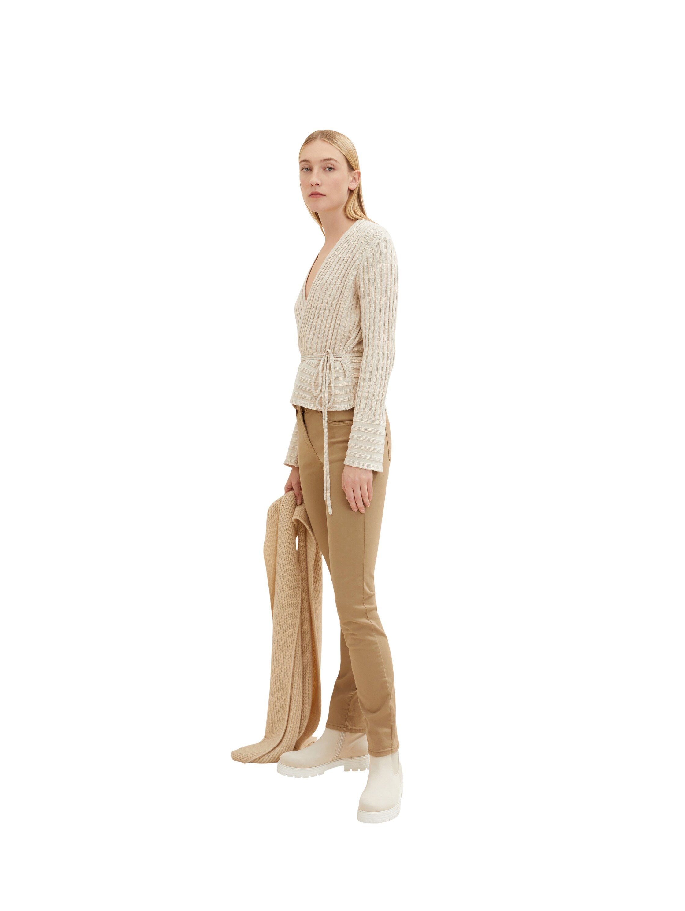 Beige Long Sleeve Ribbed Cardigan With Belt Tom Tailor