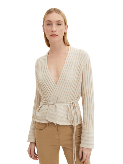 Beige Long Sleeve Ribbed Cardigan With Belt Tom Tailor