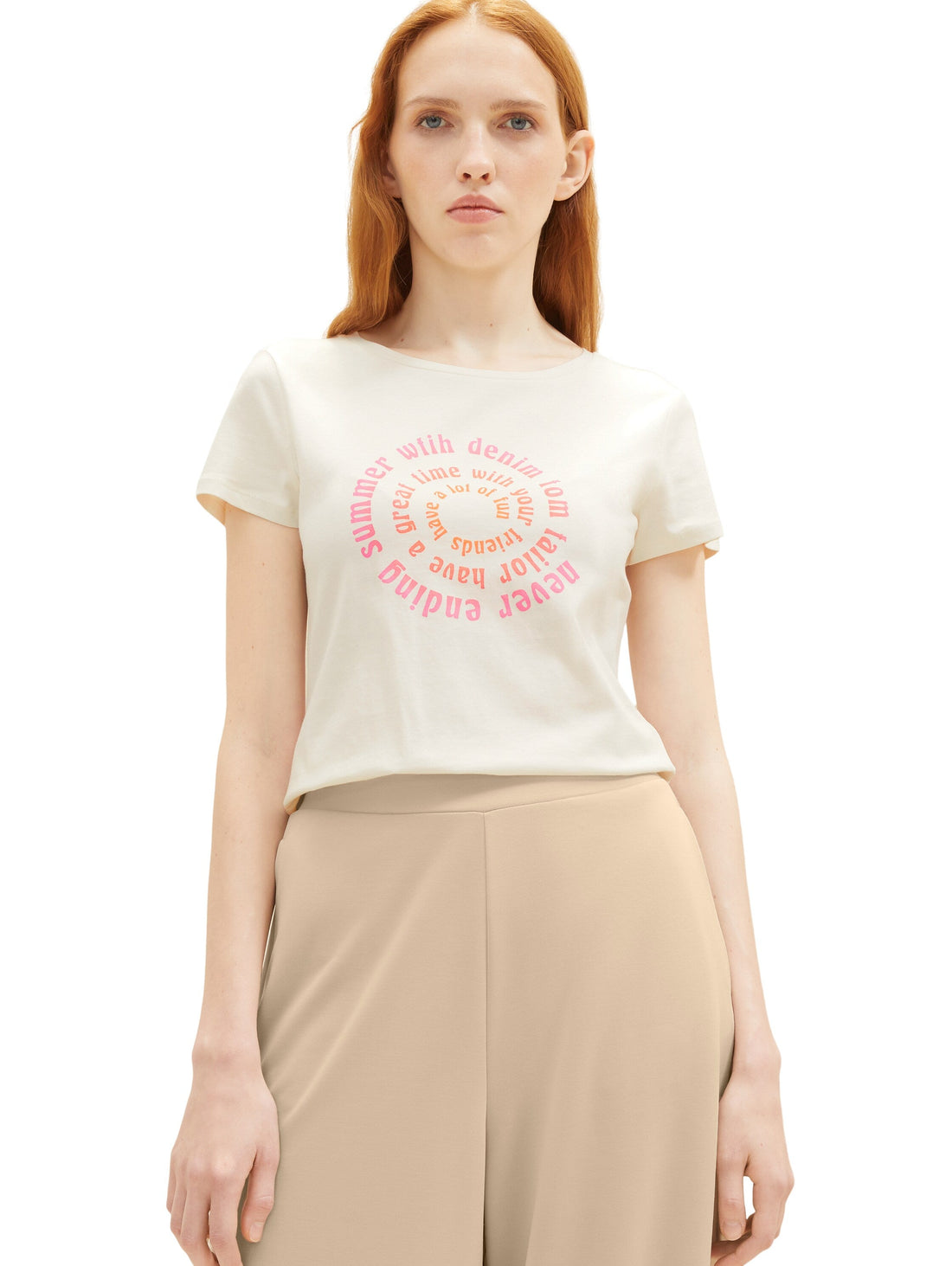 Beige Short Sleeve Round Neck Graphic T-Shirt Tom Tailor