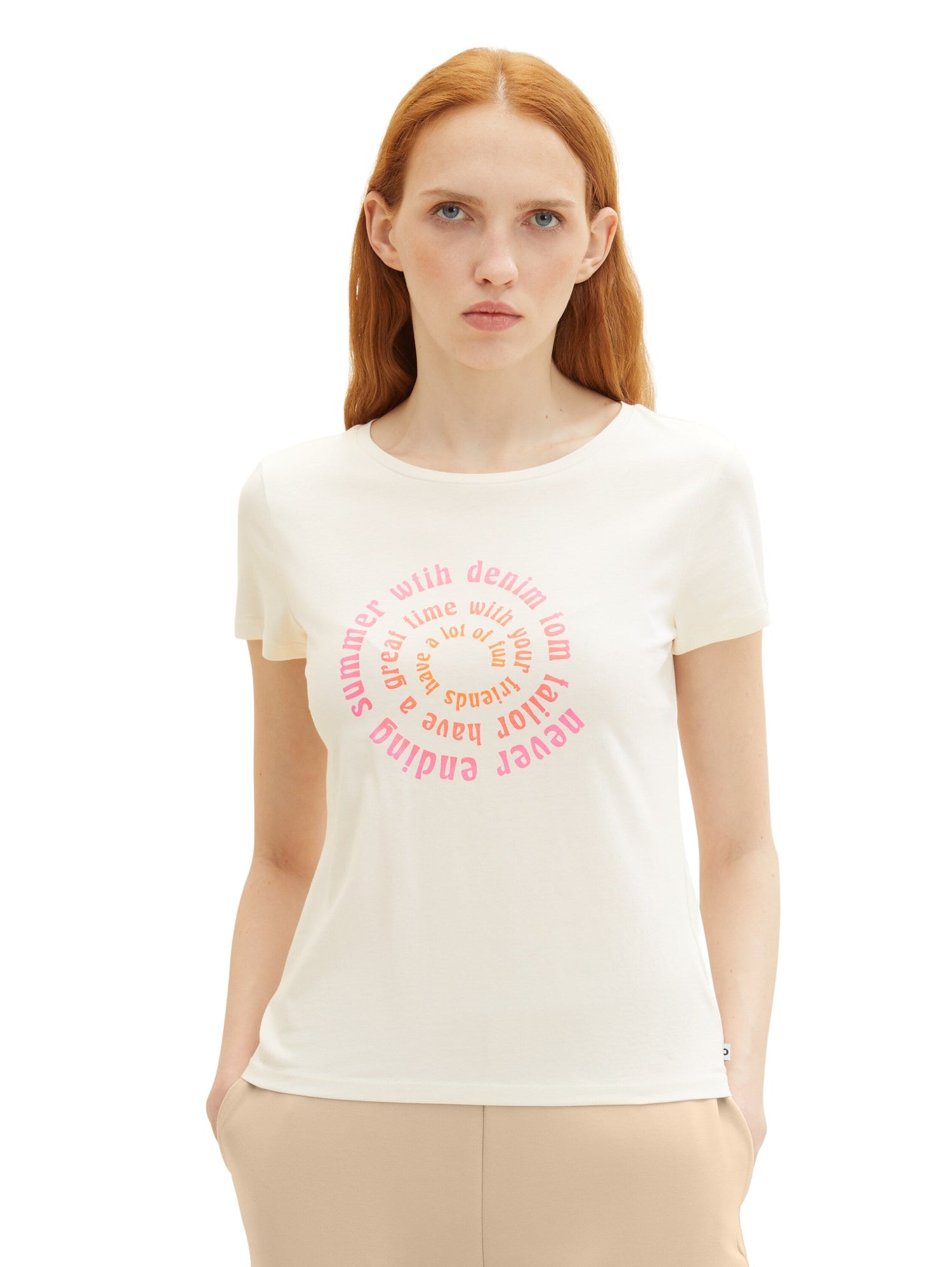 Beige Short Sleeve Round Neck Graphic T-Shirt Tom Tailor